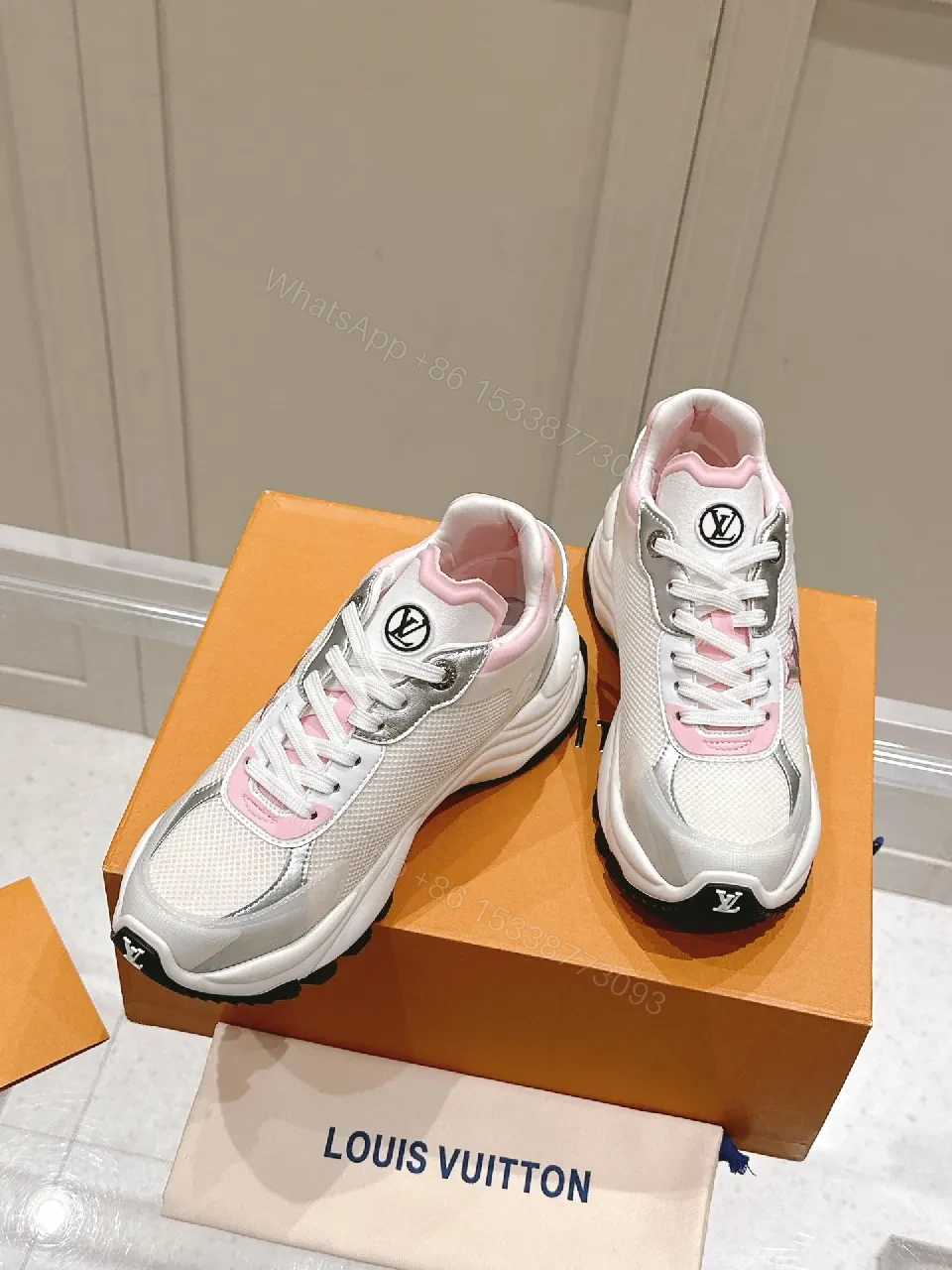 View 6 of White Pink Luxe Sneakers with LV-Style Detailing