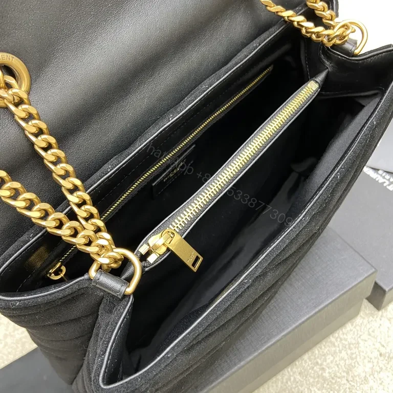 View 9 of Chic Quilted Black Velvet Messenger: YSL Logo Bag