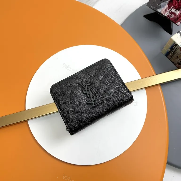 Compact Luxe Wallet â€” Chevron Texture with YSL Hardware (Black) — view 1