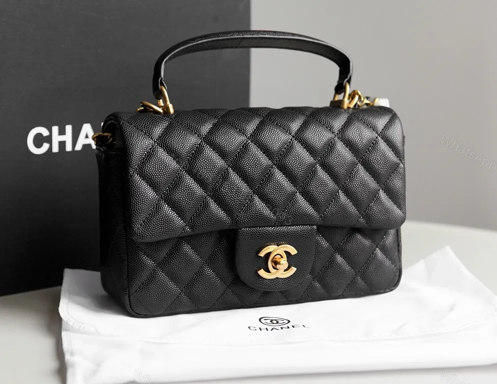 View 6 of Black Quilted Calfskin Mini Flap Bag with Gold Chain Accent (Chanel-Inspired)