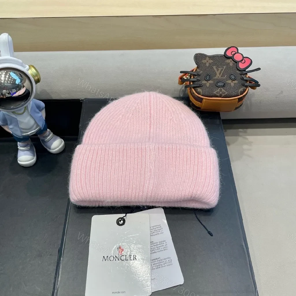 View 3 of Soft Pink Wool Beanie: Luxe Moncler Patch, Cozy Everyday Wear