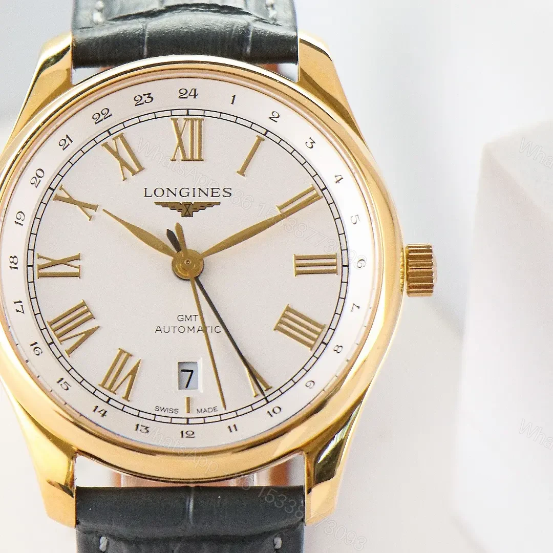 View 6 of Longines Master Classic Reproduction GMT Dual Time Watch Rose Gold with White Dial Roman Numerals and Grey Italian Leather Strap