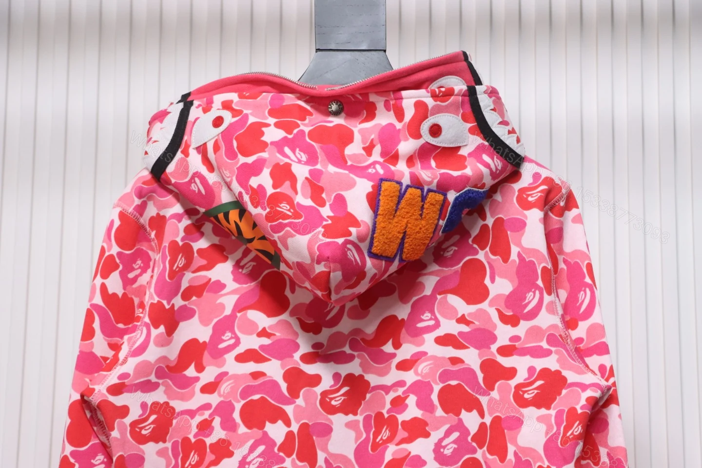 View 4 of BAPE Shark's Head Tiger Zipper Camo Double Hoodie Pink