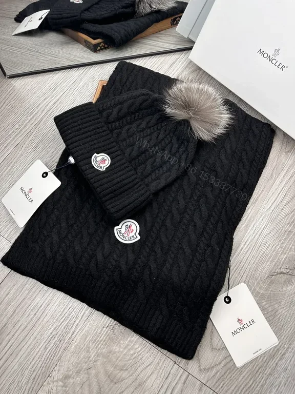View 4 of Black Alpaca-Blend Moncler Scarf & Beanie Set: Ultra-Luxe Winter
