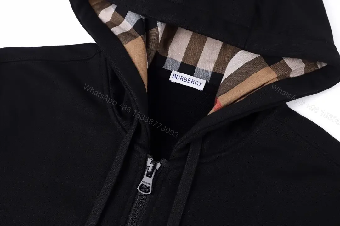 View 8 of Black Cotton Zip Hoodie with Burberry-Check Interior
