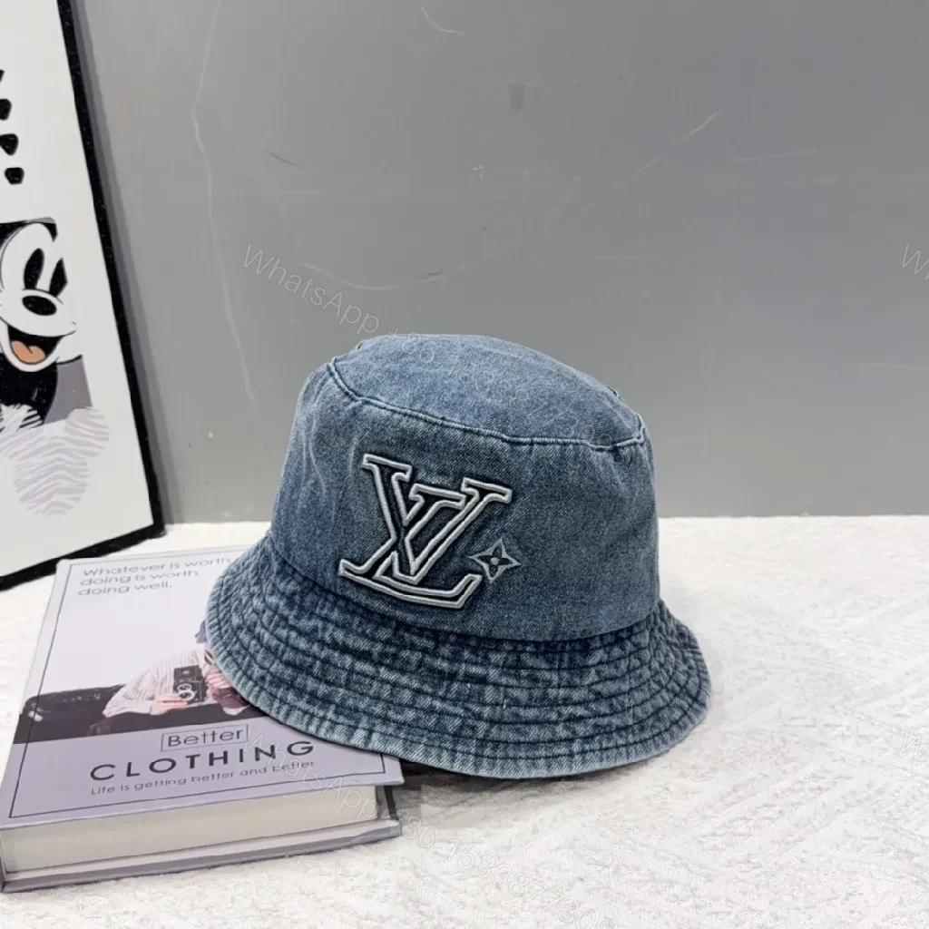 View 3 of Denim-Textured LV Logo Bucket Hat: Modern Luxury Comfort