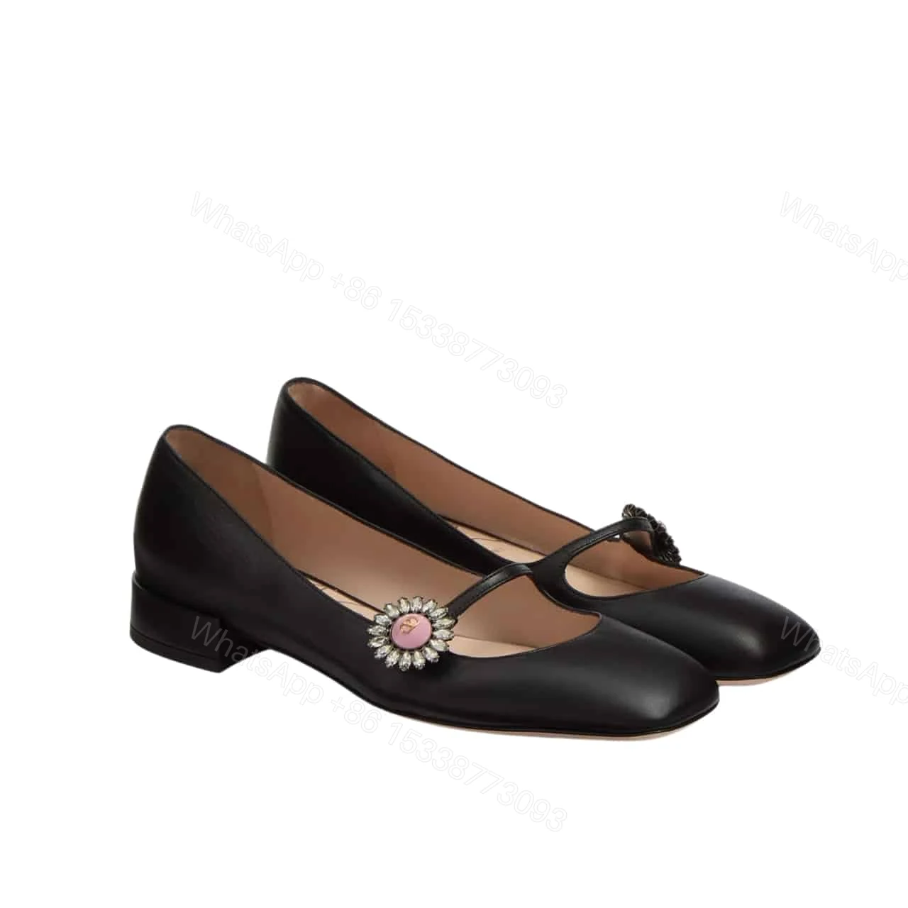 VALENTINO MARY JANE PRESHOES BALLERINA IN KIDSKIN WITH JEWEL BUTTON BLACK 6W2S0LL7DHS 9TJ — view 1