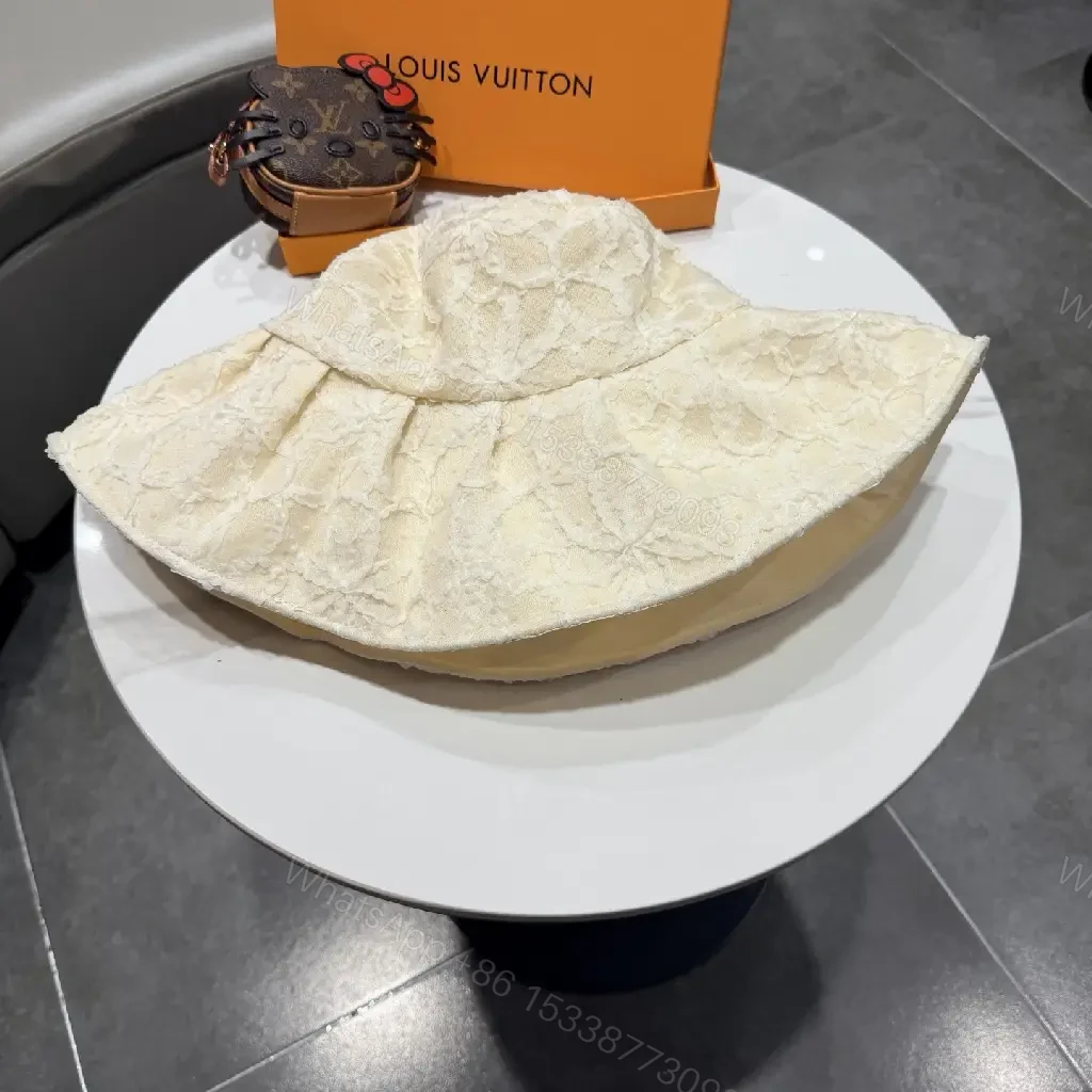 View 9 of Cream Lace Bucket Hat with Gold Accent Emblem, Ivory Crown Hat