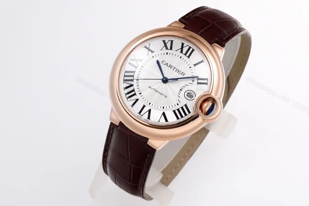 View 4 of V9 Factory Cartier Ballon Bleu 42mm Rose Gold Automatic Watch with Brown Alligator Strap