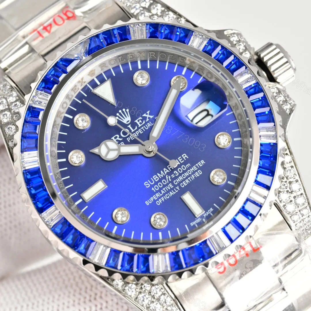 View 3 of Rolex Submariner Blue Diamond Replica 40MM Premium Pavé Steel Bracelet RG-ROLEX-SUB-BLUE-DIAMOND-40