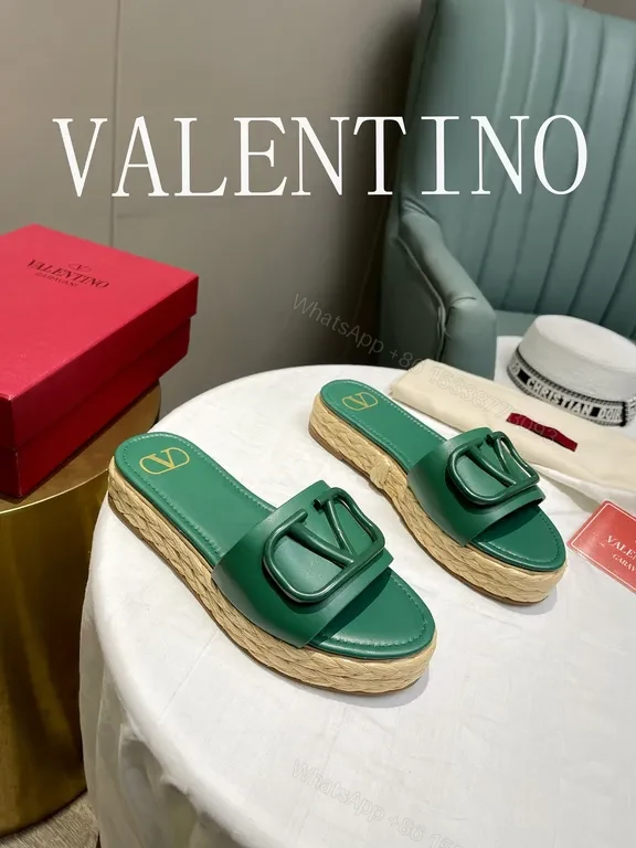 View 5 of Valentino Garavani Green Leather Slides with V Buckle