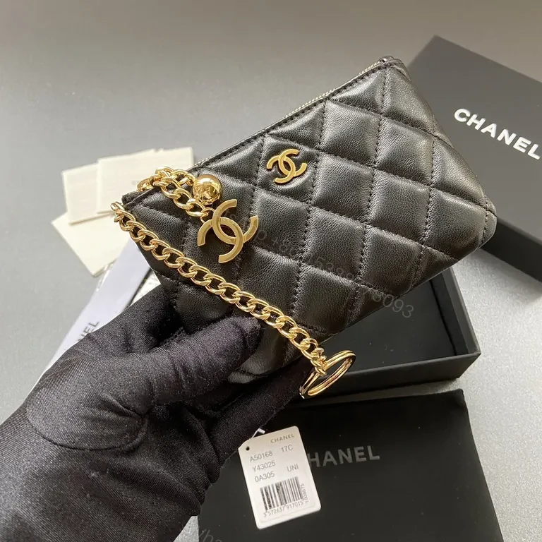 View 4 of Compact Black Quilted Wallet with Gold Chanel Charm â€“ Everyday Luxury
