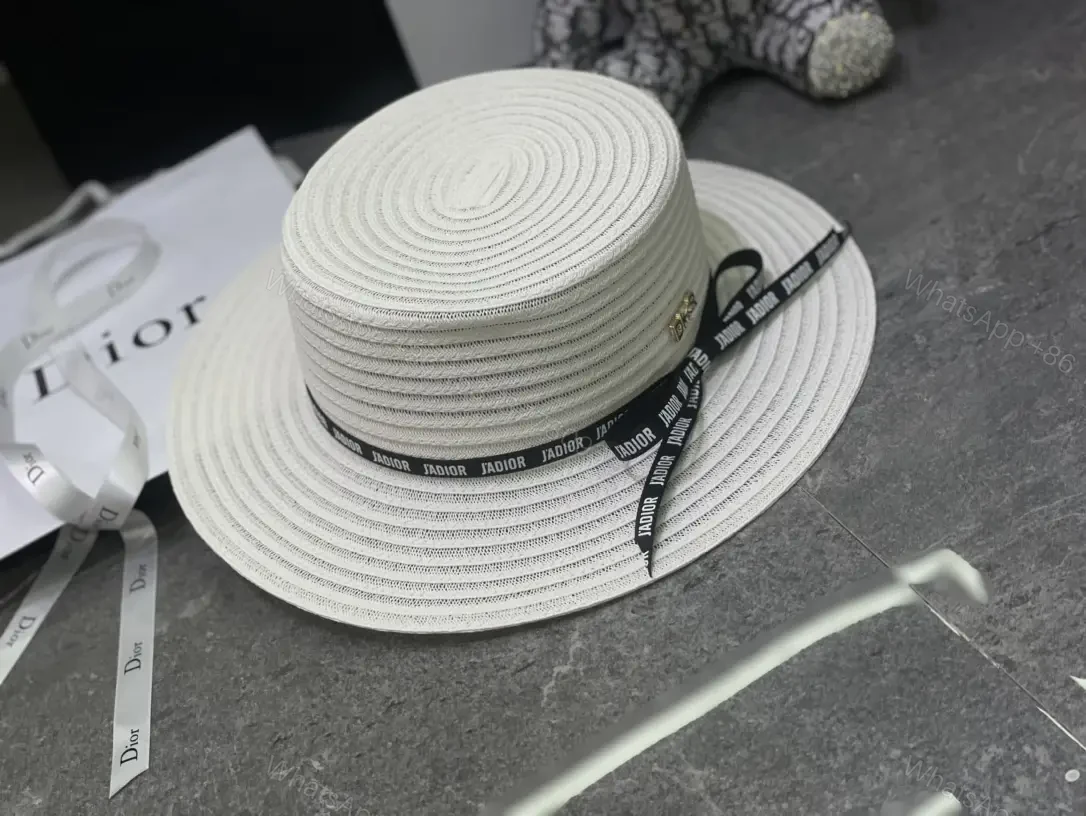 View 4 of Beige/Black Wide-Brim Straw Hat with L’ADIOR Ribbon, DIOR Emblem