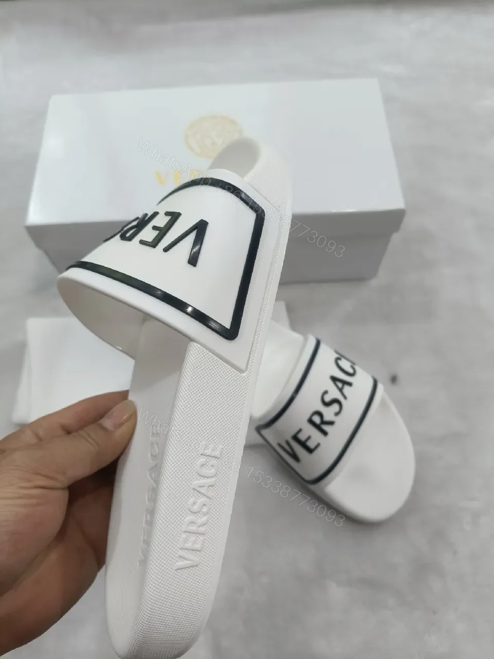 View 2 of White Leather Slide with Bold Brand Stripe, Unisex Comfort