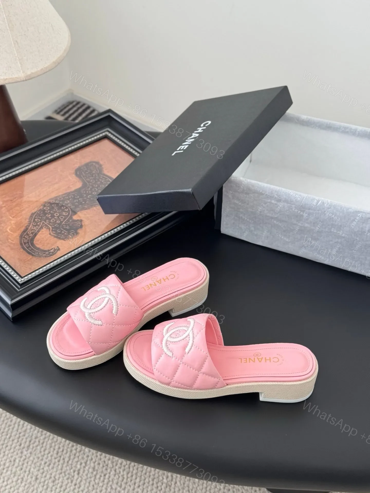 View 2 of Chanel Women Pink Quilted Leather Slides