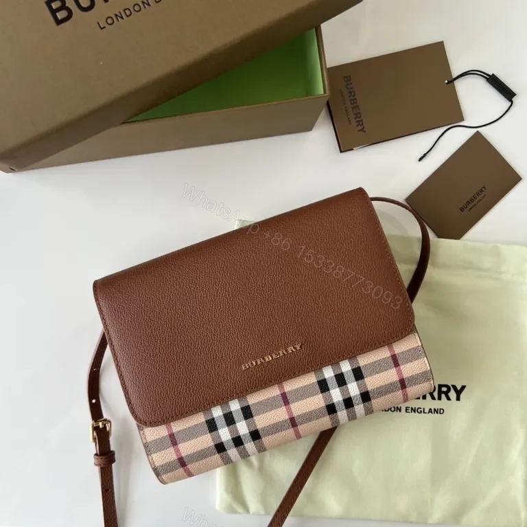 View 2 of Burberry Plaid Crossbody Bag - Cognac Leather, Signature Check