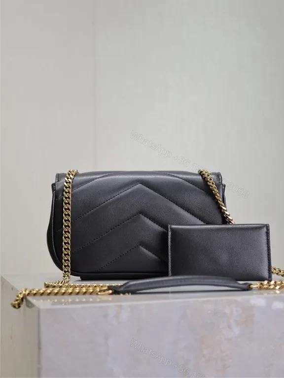 View 8 of Black Leather Envelope Bag with Gold YSL Logo, Structured Style