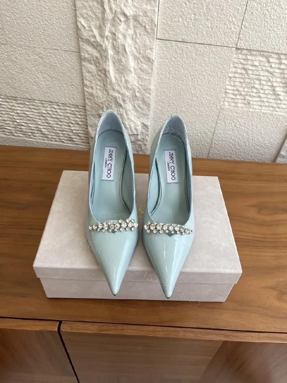 View 9 of Mint Satin Crystal-Embellished Pointed Pumps