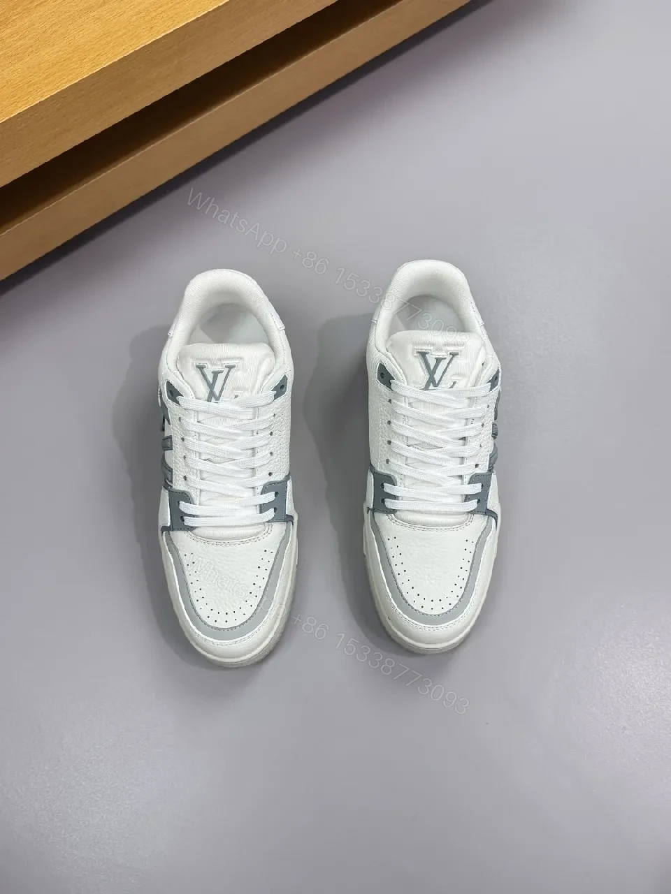 View 4 of White Leather Sneaker with Subtle LV-Inspired Accents