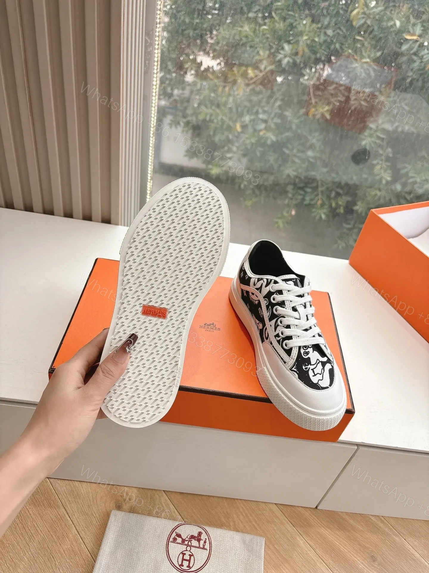 View 2 of Hermes Women Black White Canvas Sneakers
