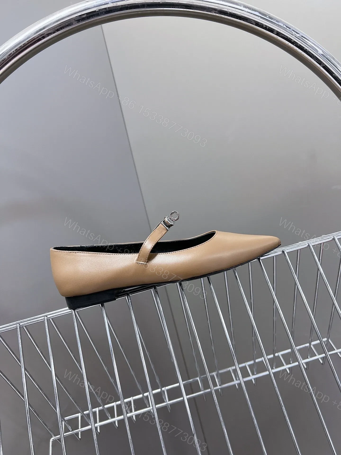 View 6 of Hermes Women Beige Leather Pointed Strap Flats