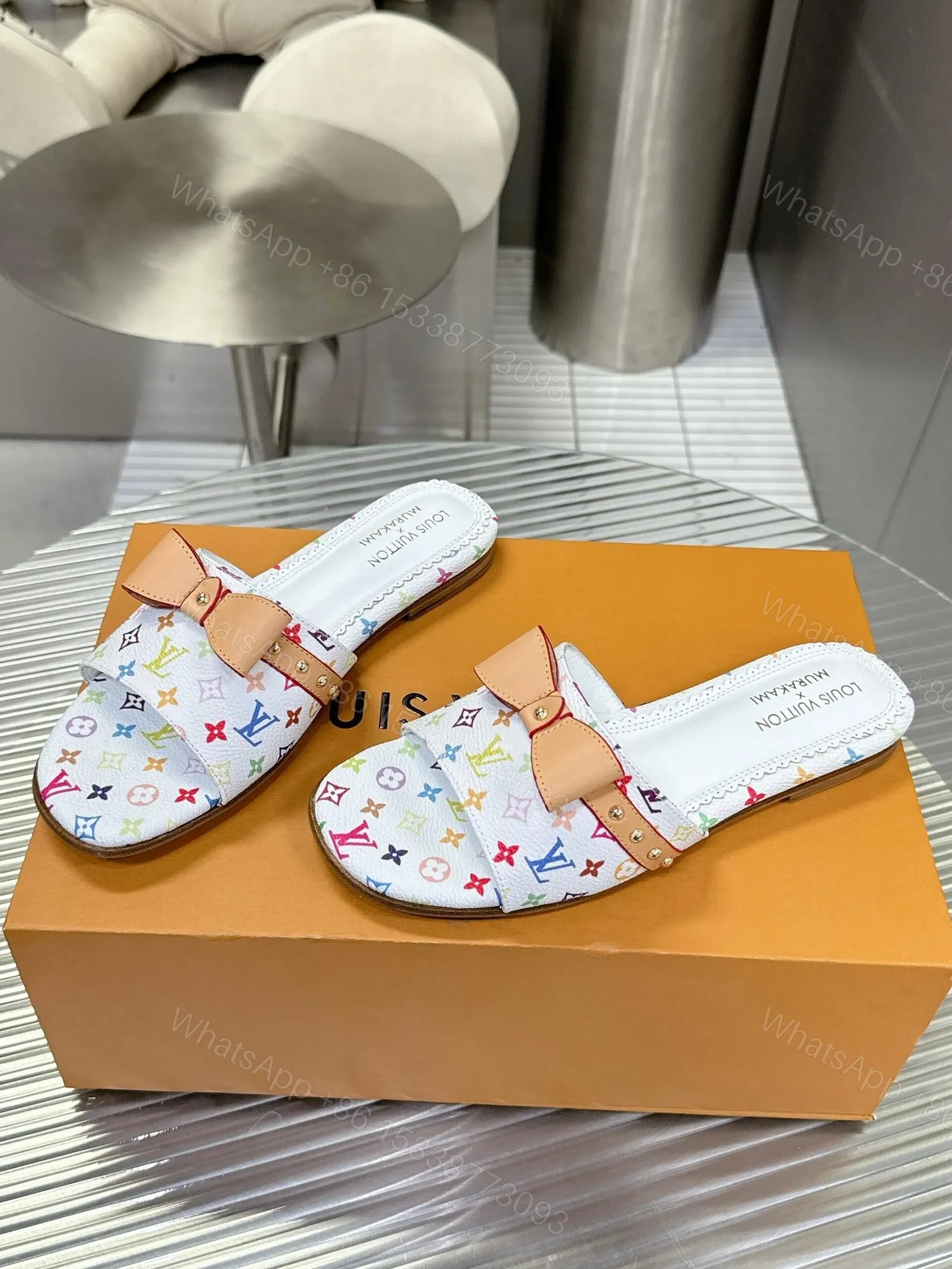 View 5 of LV Women White Leather Multicolor Monogram Mules