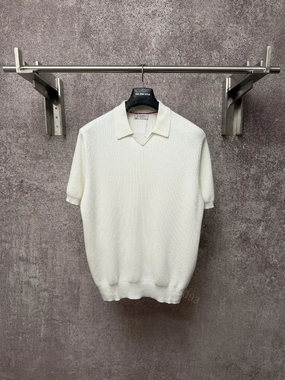 View 10 of Off-White Cream Ribbed Knit Polo Sweater, Short Sleeve, Drop-Shoulder