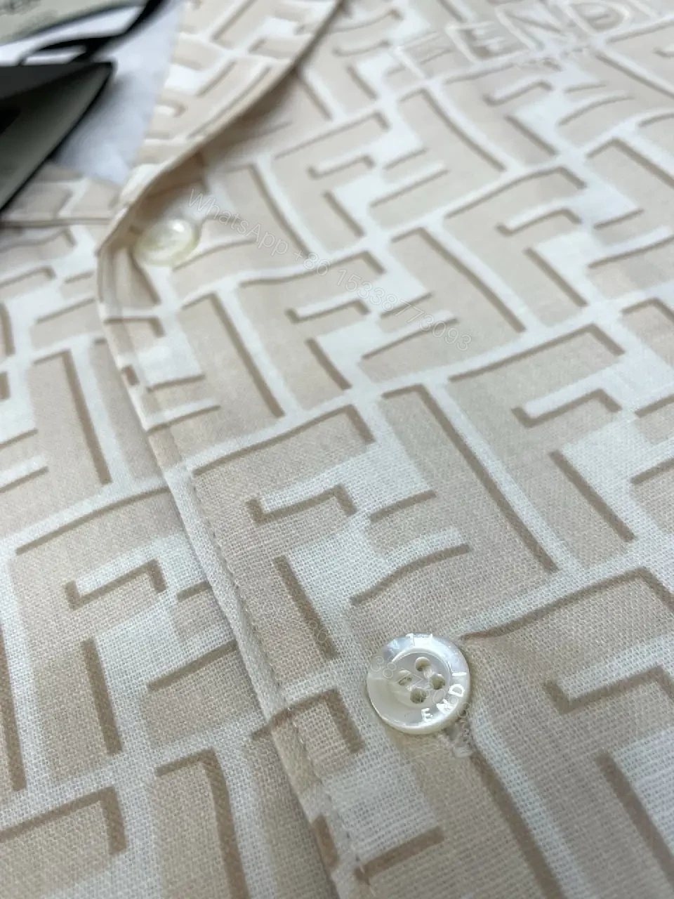 View 9 of Off-White/Cream Short-Sleeve Button-Up Shirt, Embossed Logo Pattern