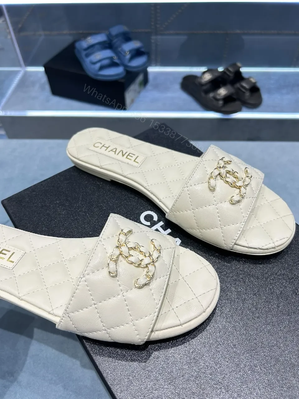 View 7 of Beige Quilted Slide: Luxe Comfort, Subtle Logo