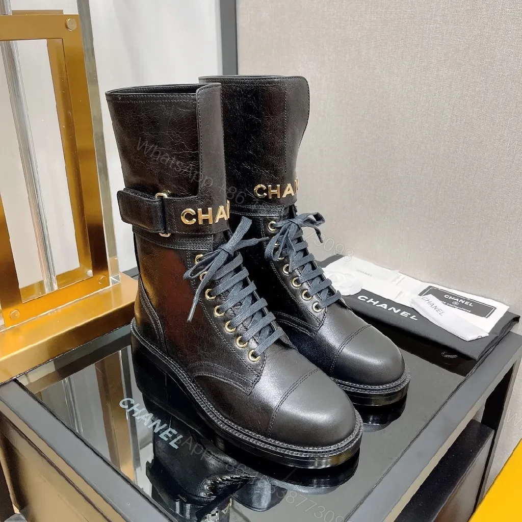 Bold Leather Combat Boots with Gold Hardware, Chelsea Style — view 1
