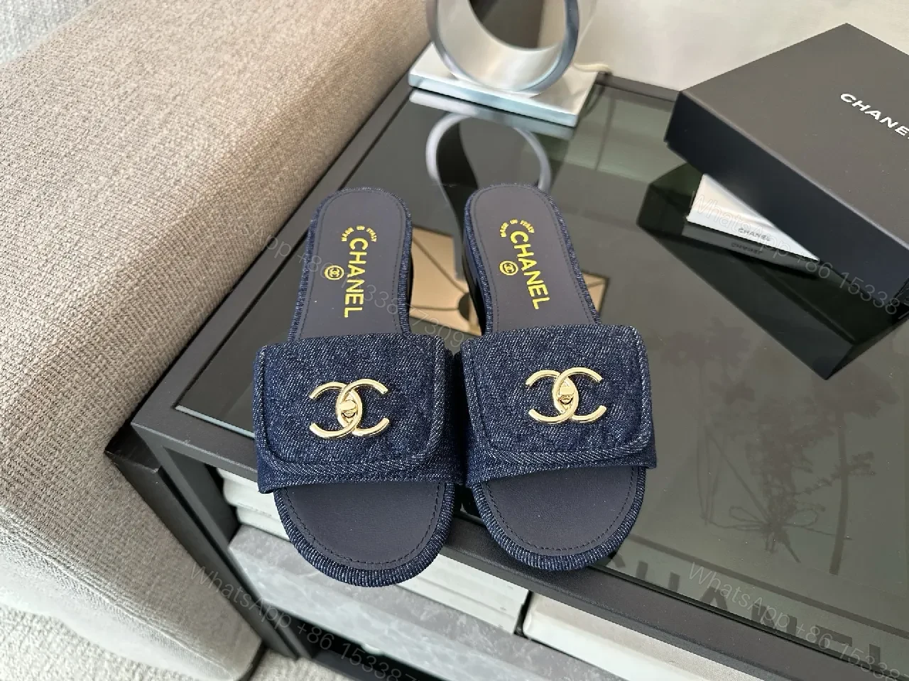 View 8 of Denim-Trim Slide Sandals: Luxe Comfort, Gold CC Detail
