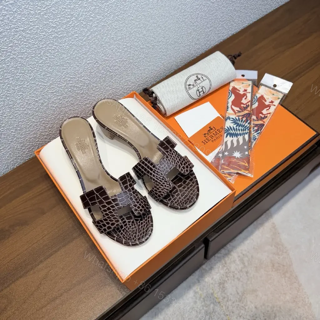View 5 of Brown Croc-Embossed Leather Slip-Ons with Signature Footbed, Hermes Style