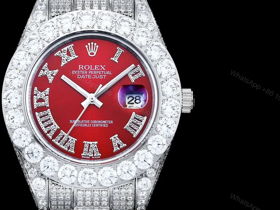 View 2 of Rolex Datejust Red Diamond Replica 42MM Premium Iced Steel Bracelet Red Dial Edition RG-ROLEX-DJ-RED-DIA-ICED-STL-42