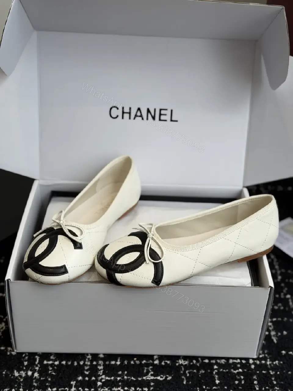 View 9 of Cream Leather Ballet Flats Pearl Bow Chanel Logo