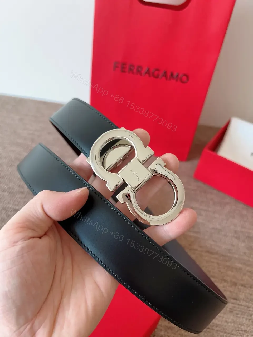 View 10 of Statement Black Leather Belt with Double-Circle Buckle