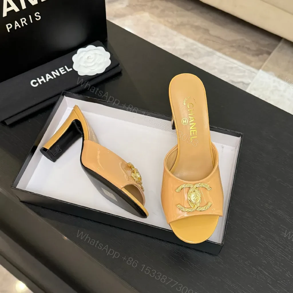 View 8 of Satin Mules: Nude-Toned, Gold-Emblem, Block Heel, Luxe Comfort