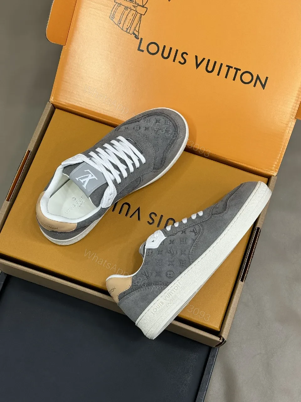 View 7 of Grey Suede Knit Sneakers - Subtle LV Texture, Cushioned Comfort