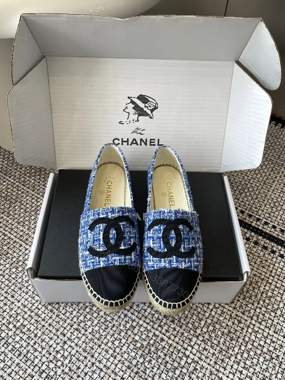 Blue Tweed Espadrilles with Logo Accent, Luxury Flat — view 1