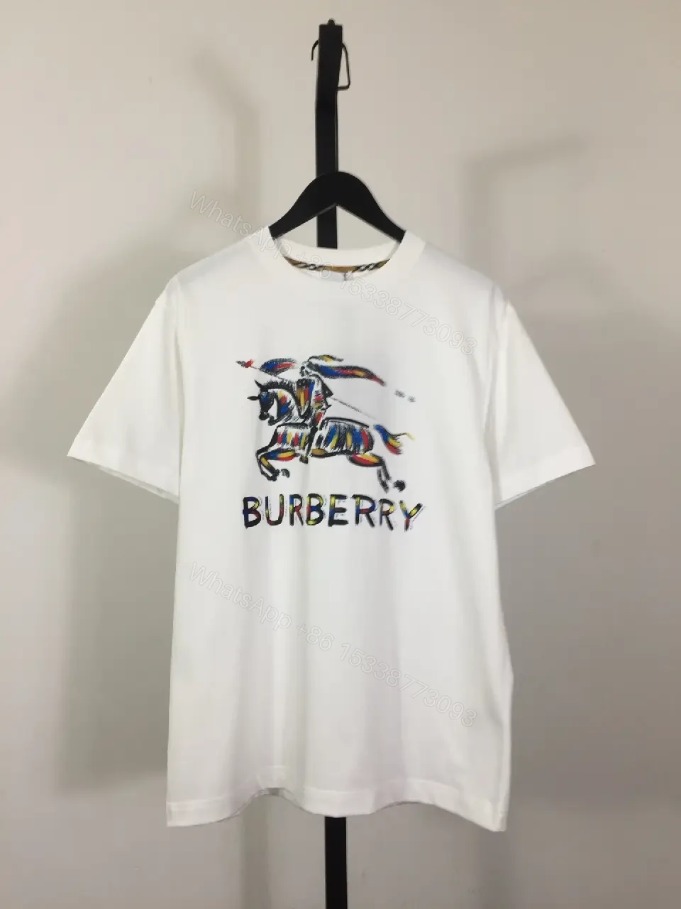 View 5 of White Cotton Tee, Modern Fit, Burberry-Inspired Horse Logo, Graphic Streetwear Tee