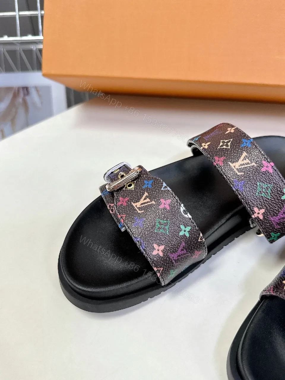View 5 of Multicolor Monogram Slides with Velcro Straps