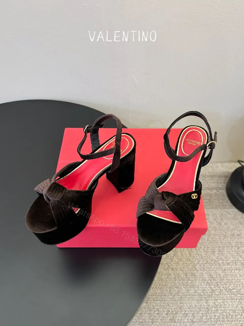 View 7 of Red Velvet Slingback Platform Heels, Block Heel, Valentino Style