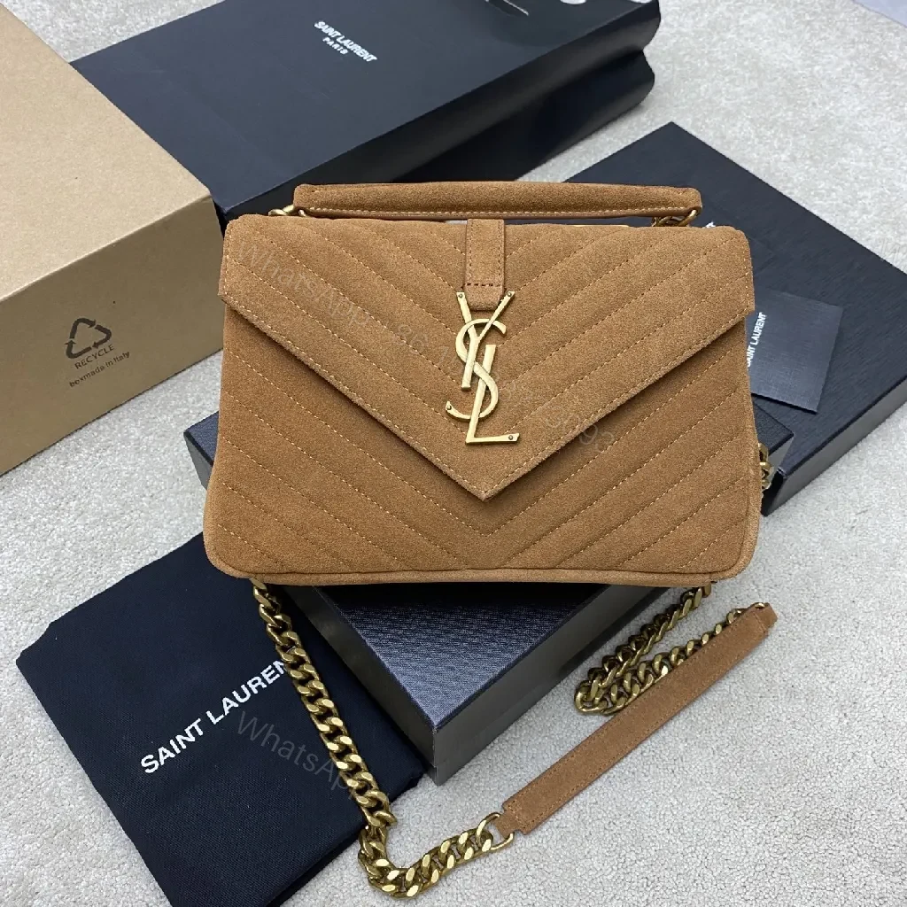 Brown Suede Envelope Bag - Chevron Texture, Gold Hardware, Crossbody — view 1