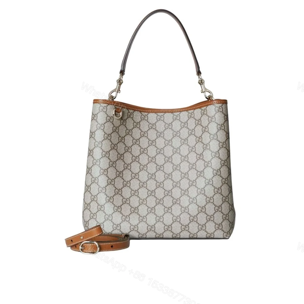 Gucci GG Emblem Medium Bucket Bag Beige And Dark Brown Fabric 29Cm 815103 FAD6L 9758 — view 1