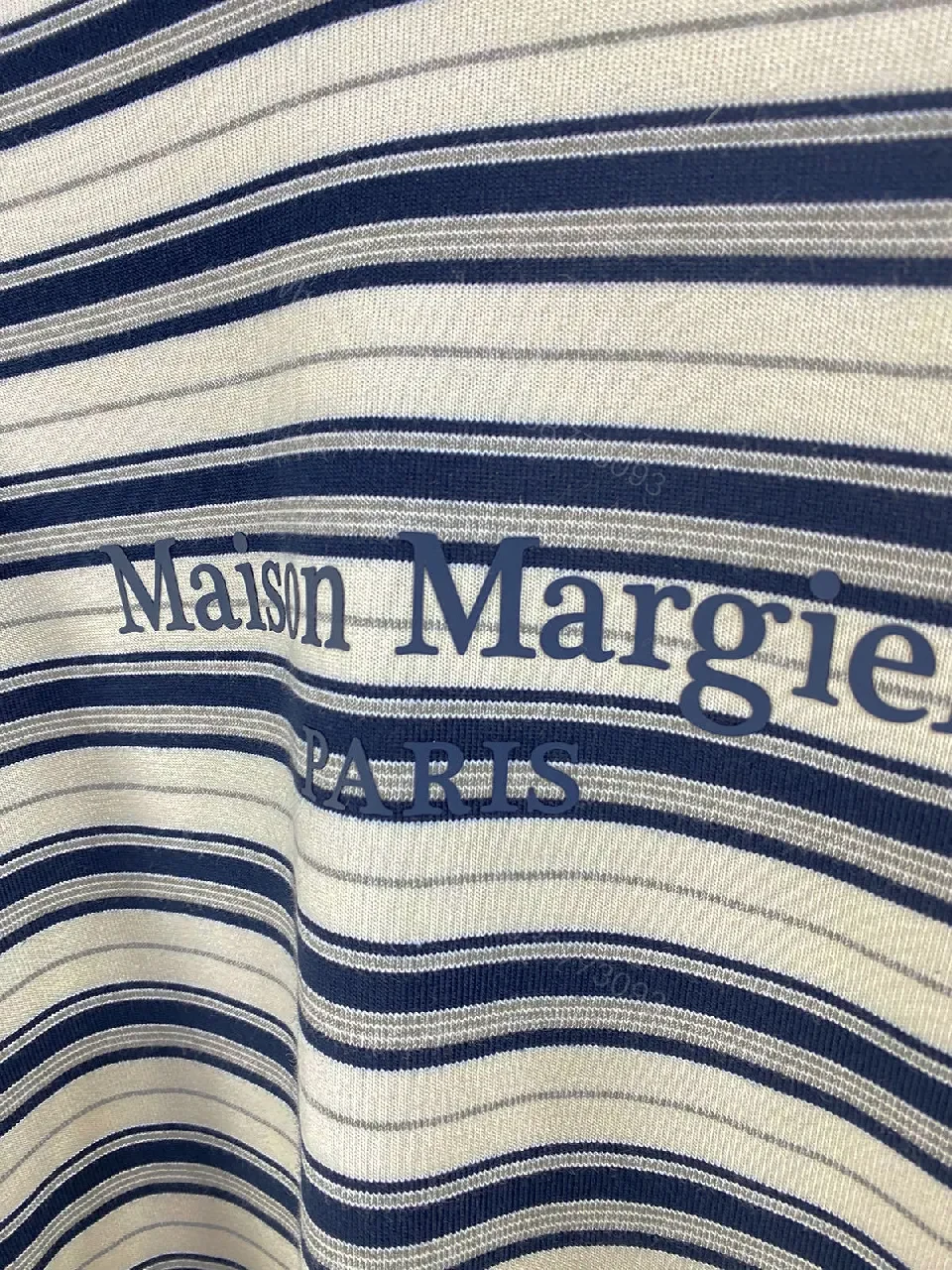 View 2 of Navy Stripe Cotton Crewneck Sweater with Subtle Logo