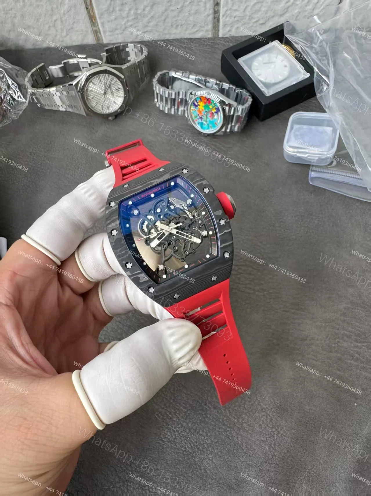 View 7 of Richard Mille RM 055 Carbon TPT Skeleton Vaucher Free-Sprung Movement Red Rubber Strap Custom Super Clone