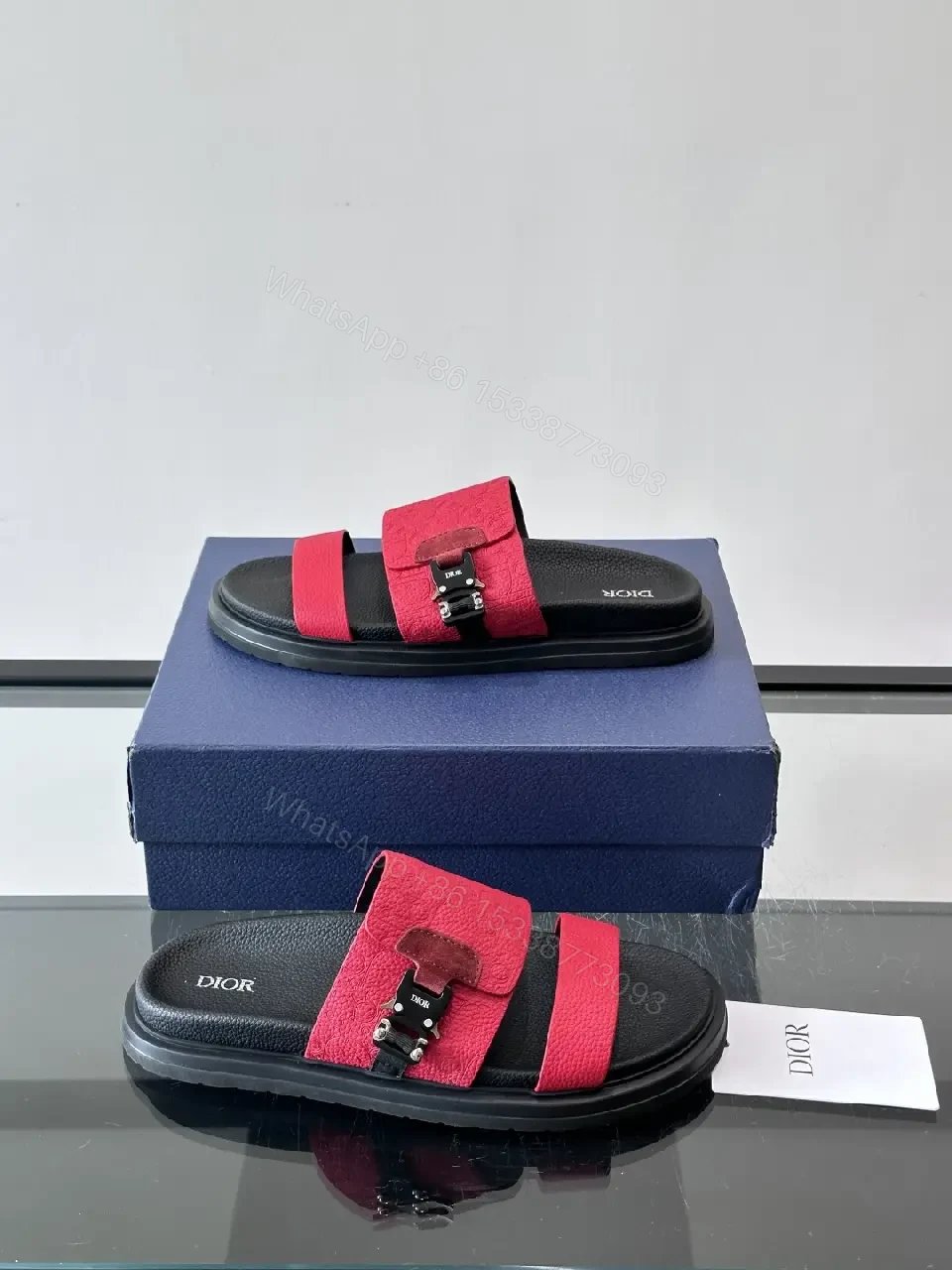 View 8 of Red Suede Leather Style Buckle Accent Dior Slides