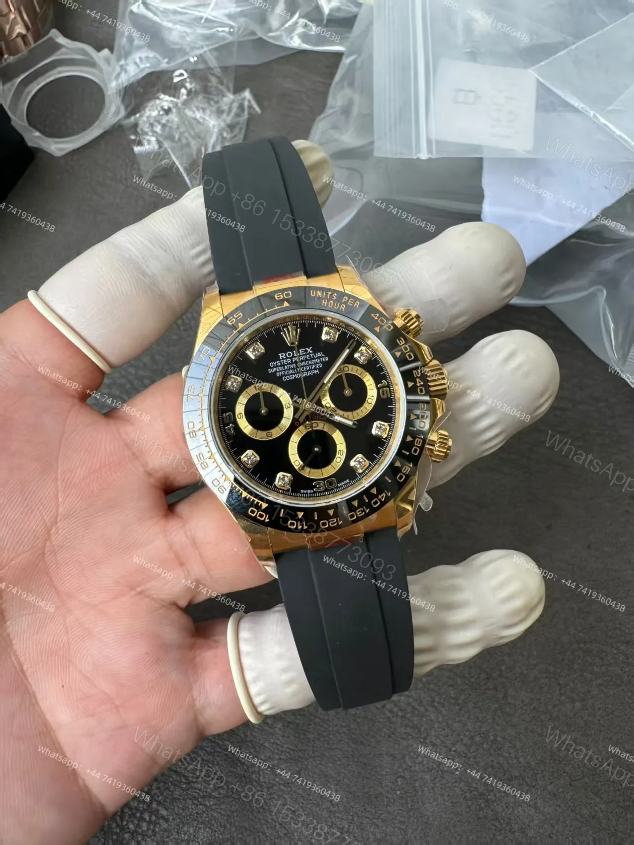 View 3 of Rolex Daytona 1:1 Replica – M116518LN-0078 Black Diamond Dial 18K Gold 4130 Super Clone