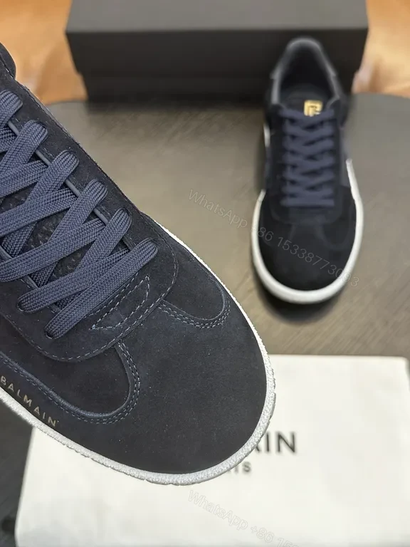View 6 of Black/Gold Balmain-Style Low-Top Sneakers, Replica, Dark Blue Laces