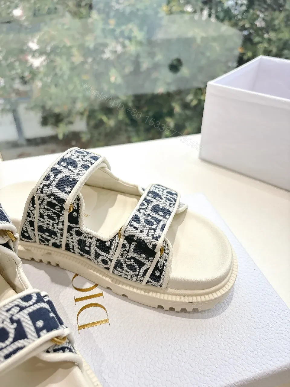 View 2 of Navy Ivory Patterned Platform Sandals with Logo Straps