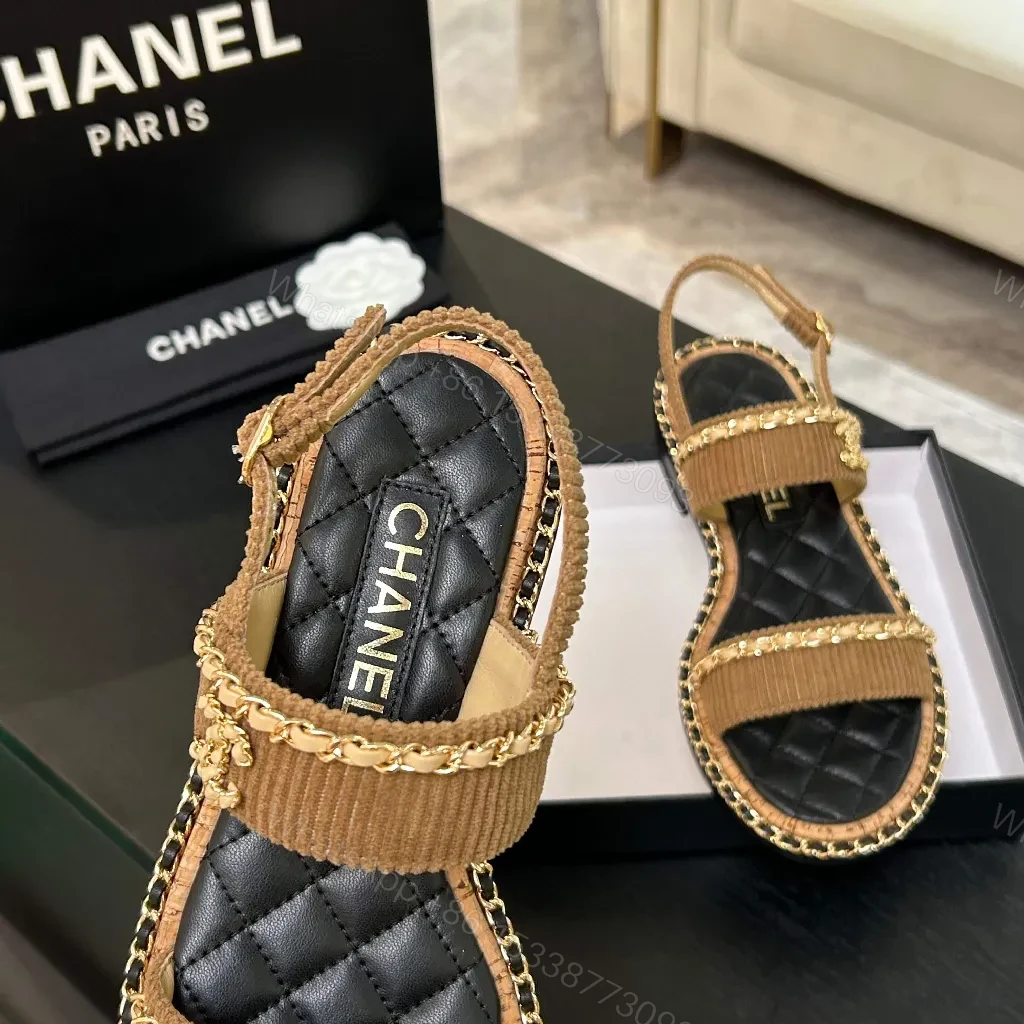 View 6 of Textured Sandals: Quilted Footbed, Gold Chain Detailing, Neutral Tan